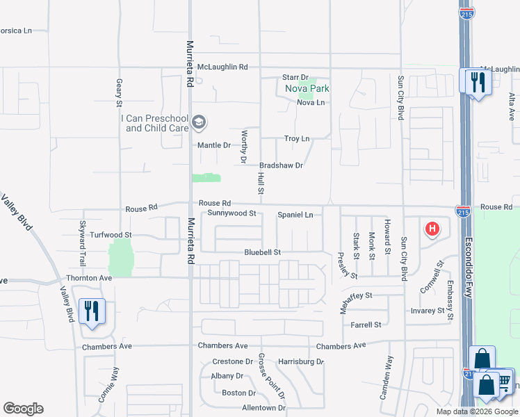 map of restaurants, bars, coffee shops, grocery stores, and more near 26256 Sunnywood Street in Menifee