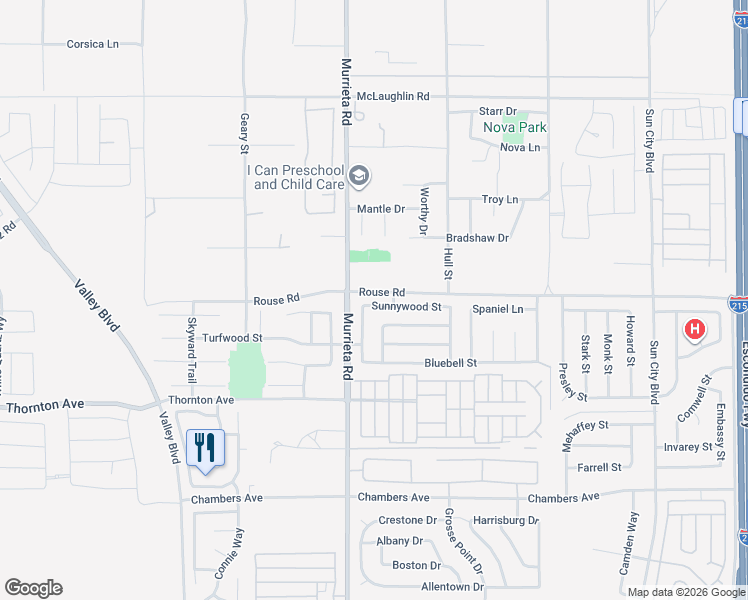 map of restaurants, bars, coffee shops, grocery stores, and more near 26052 Sunnywood Street in Menifee