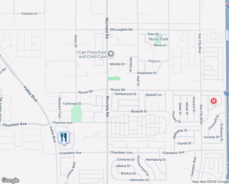 map of restaurants, bars, coffee shops, grocery stores, and more near 26044 Sunnywood Street in Menifee