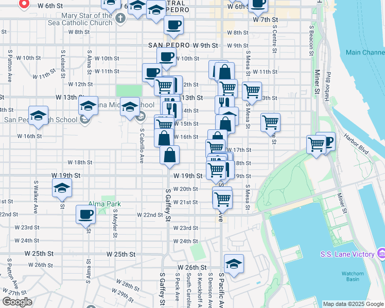 map of restaurants, bars, coffee shops, grocery stores, and more near 1711 South Grand Avenue in Los Angeles