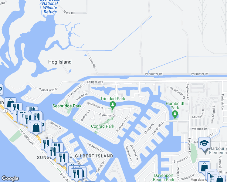 map of restaurants, bars, coffee shops, grocery stores, and more near 3625 Windspun Drive in Huntington Beach