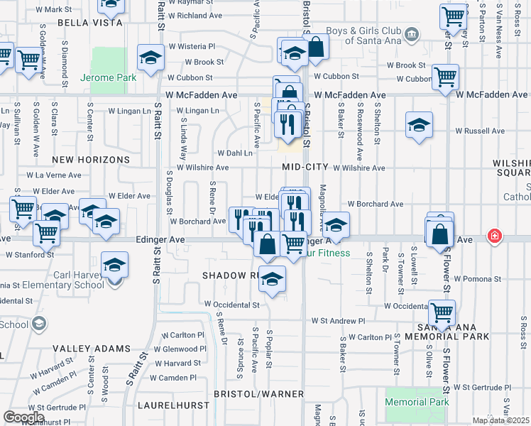 map of restaurants, bars, coffee shops, grocery stores, and more near 1402 South Poplar Street in Santa Ana