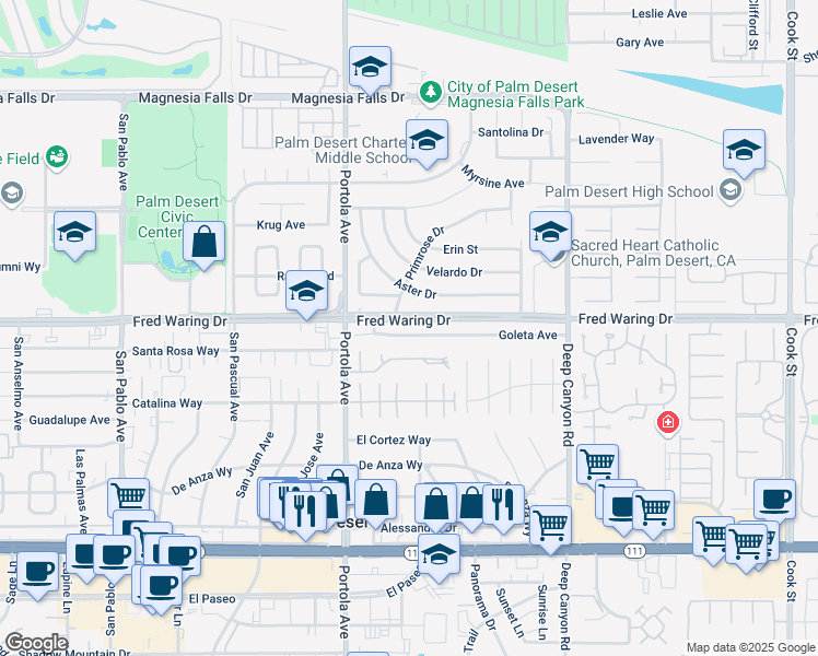 map of restaurants, bars, coffee shops, grocery stores, and more near 74130 Fred Waring Drive in Palm Desert