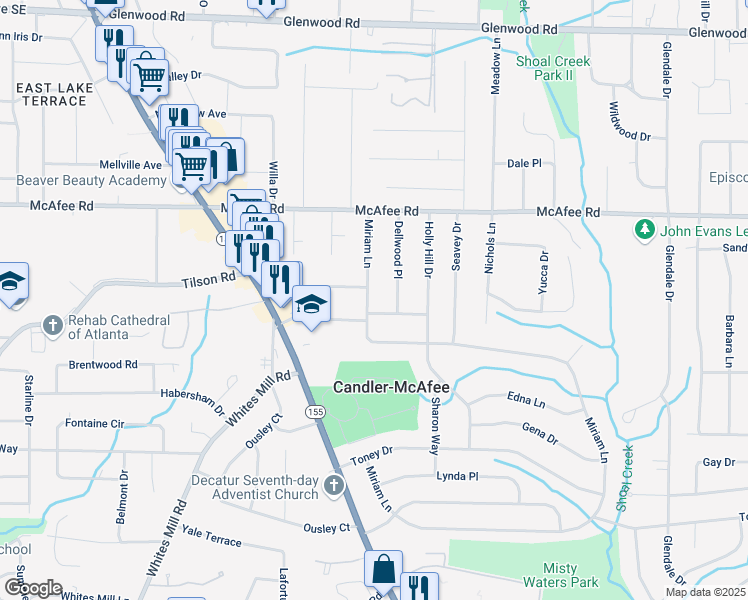 map of restaurants, bars, coffee shops, grocery stores, and more near 2106 Miriam Lane in Decatur