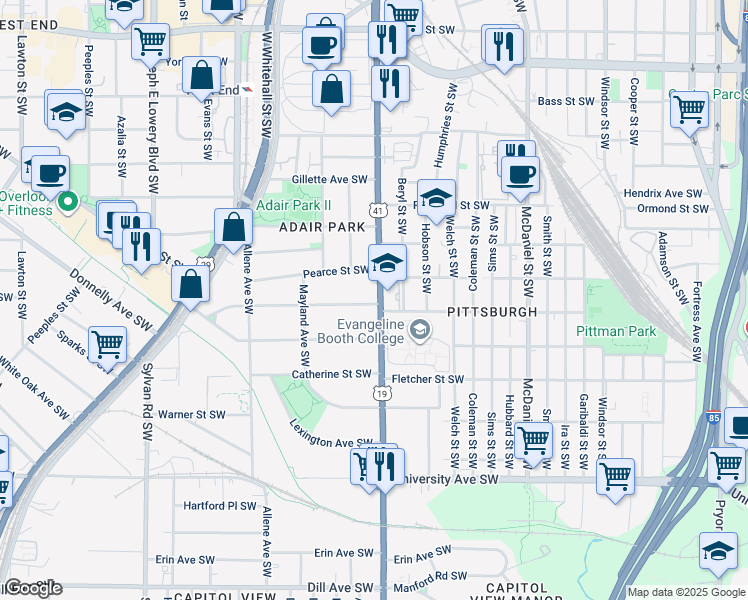 map of restaurants, bars, coffee shops, grocery stores, and more near 967 Metropolitan Parkway Southwest in Atlanta