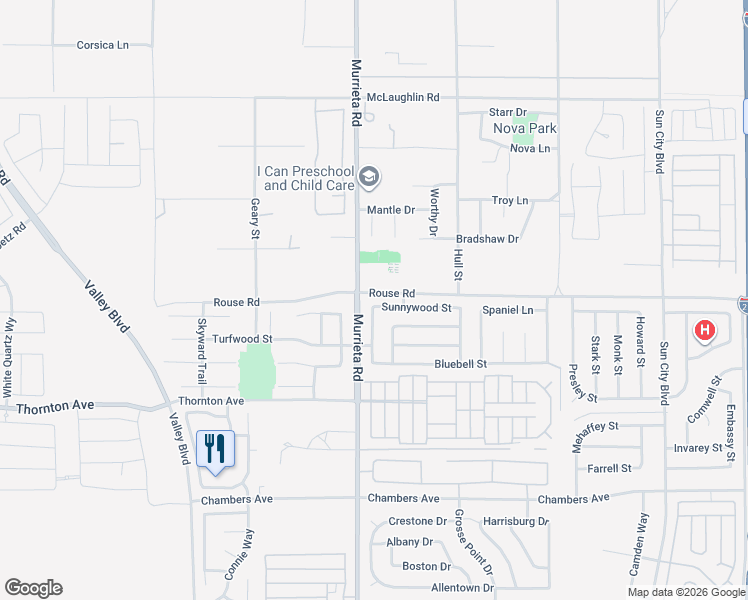 map of restaurants, bars, coffee shops, grocery stores, and more near 26026 Sunnywood Street in Menifee