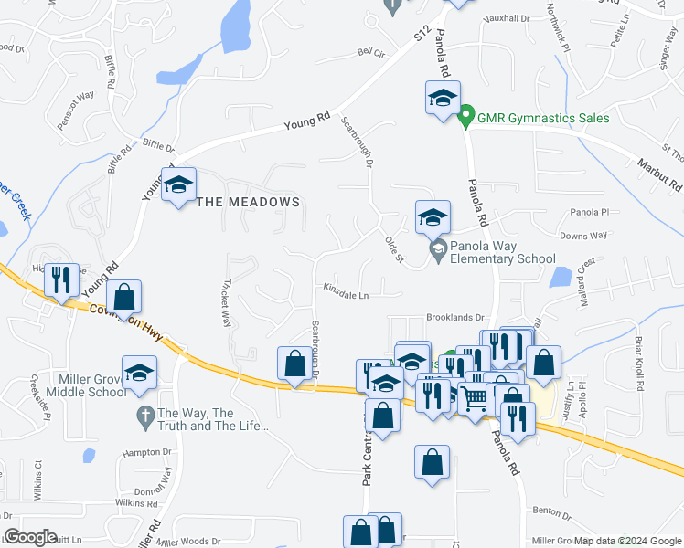 map of restaurants, bars, coffee shops, grocery stores, and more near 2066 Kimber Trail in Stone Mountain