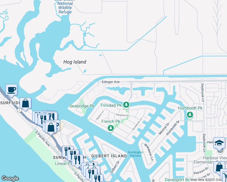 map of restaurants, bars, coffee shops, grocery stores, and more near 3495 Windspun Drive in Huntington Beach