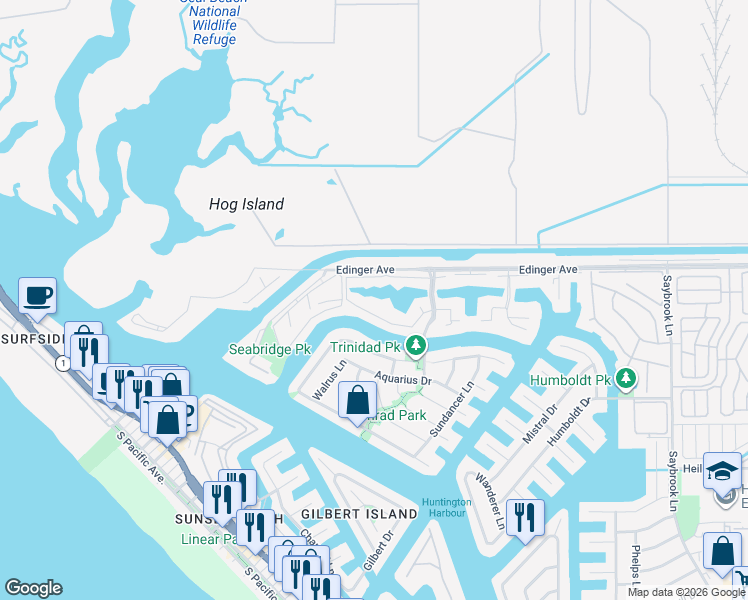 map of restaurants, bars, coffee shops, grocery stores, and more near 3495 Windspun Drive in Huntington Beach