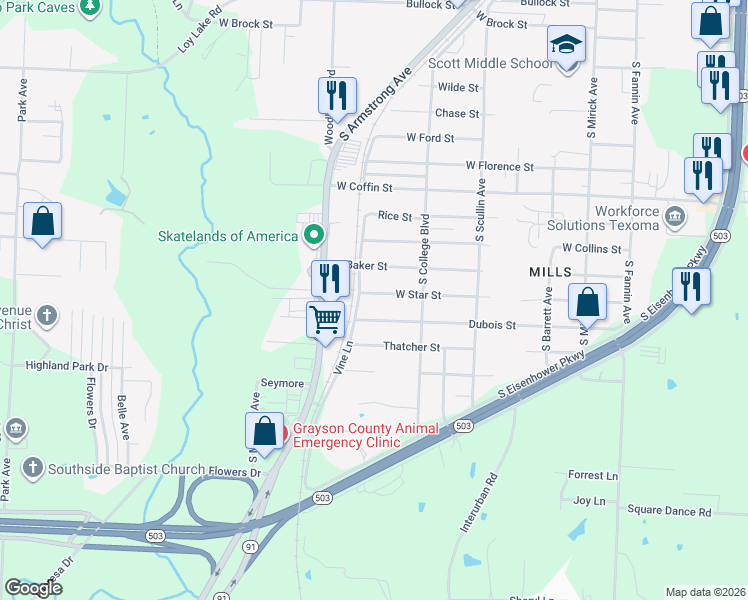 map of restaurants, bars, coffee shops, grocery stores, and more near 1047 West Star Street in Denison