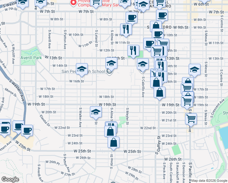 map of restaurants, bars, coffee shops, grocery stores, and more near 1706 South Alma Street in Los Angeles