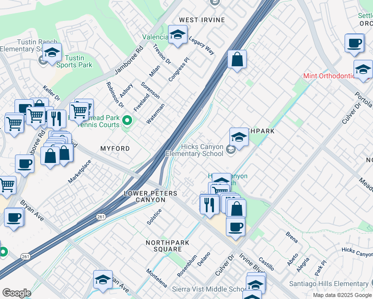 map of restaurants, bars, coffee shops, grocery stores, and more near 311 Monte Vista in Irvine