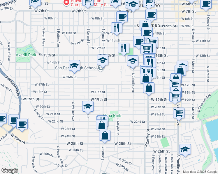 map of restaurants, bars, coffee shops, grocery stores, and more near 959 West 17th Street in Los Angeles