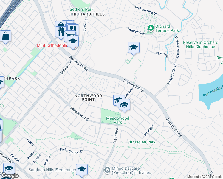 map of restaurants, bars, coffee shops, grocery stores, and more near 410 Timberwood in Irvine