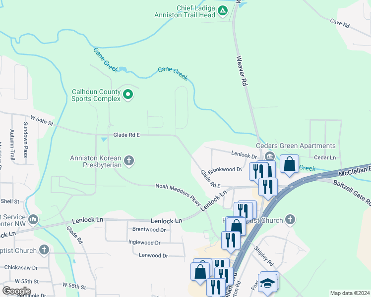 map of restaurants, bars, coffee shops, grocery stores, and more near 551 Glade Road East in Anniston