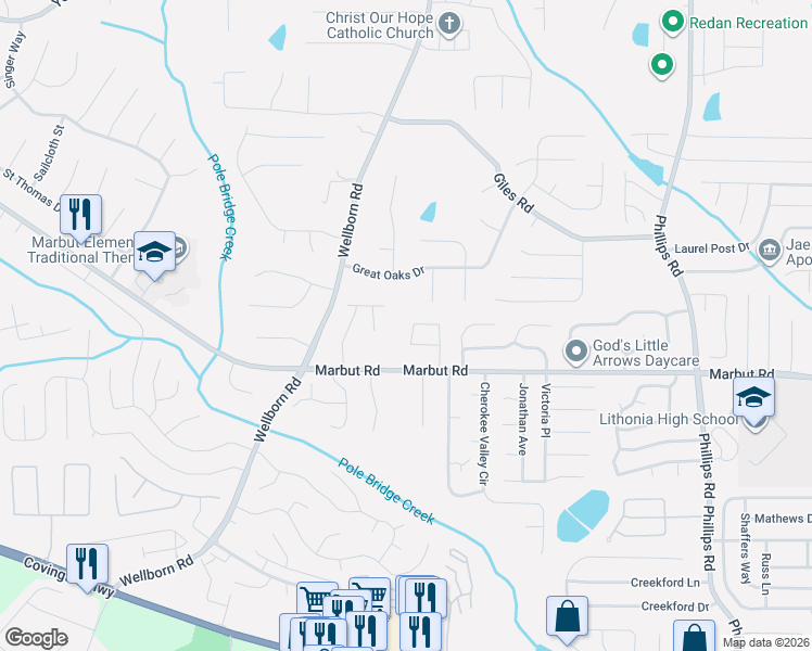 map of restaurants, bars, coffee shops, grocery stores, and more near 2046 Hilda Burns Place in Lithonia