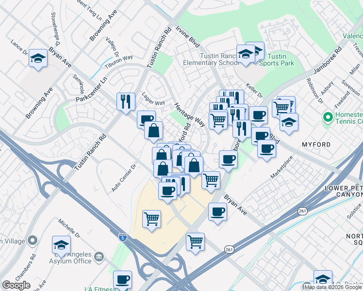 map of restaurants, bars, coffee shops, grocery stores, and more near 13445 Verona in Tustin