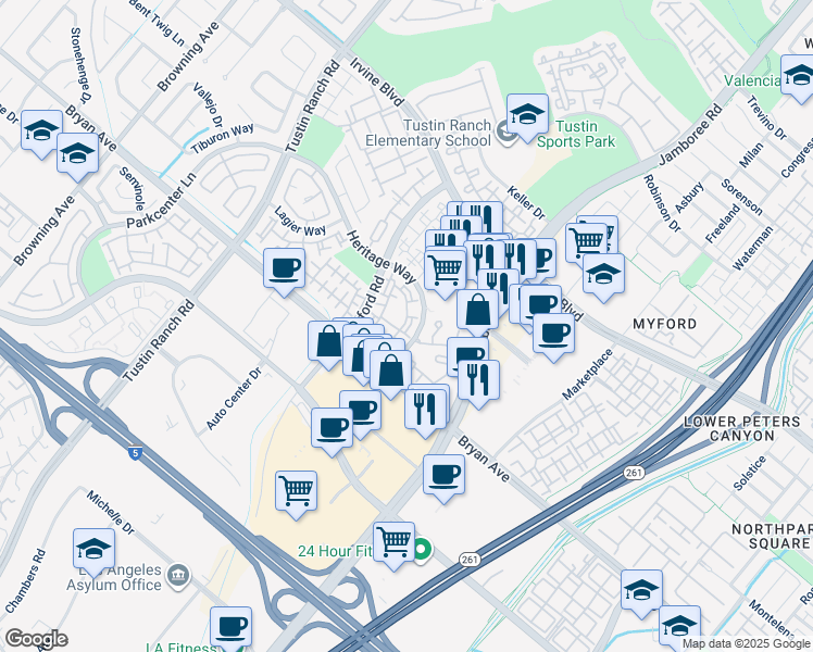map of restaurants, bars, coffee shops, grocery stores, and more near 13410 Savanna in Tustin