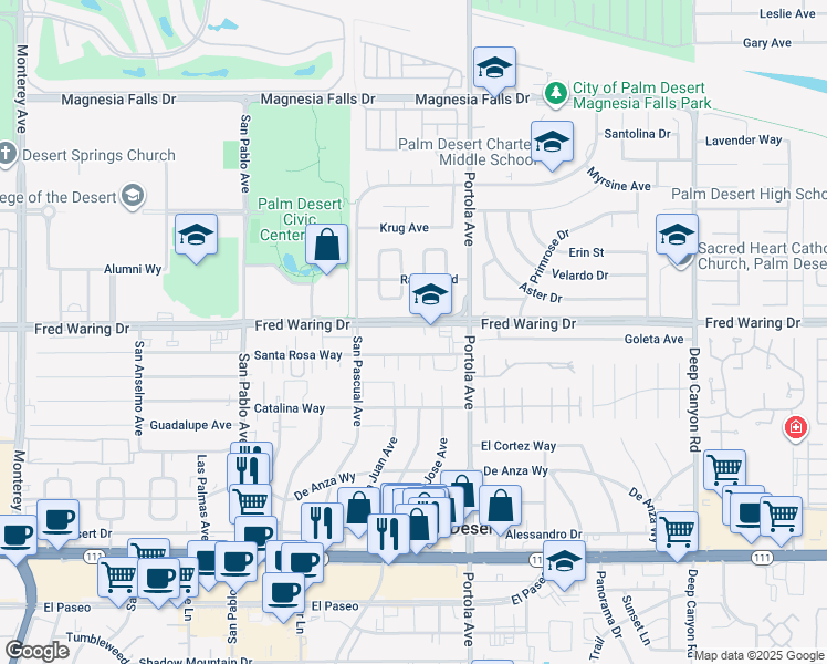 map of restaurants, bars, coffee shops, grocery stores, and more near 73881 Fred Waring Drive in Palm Desert