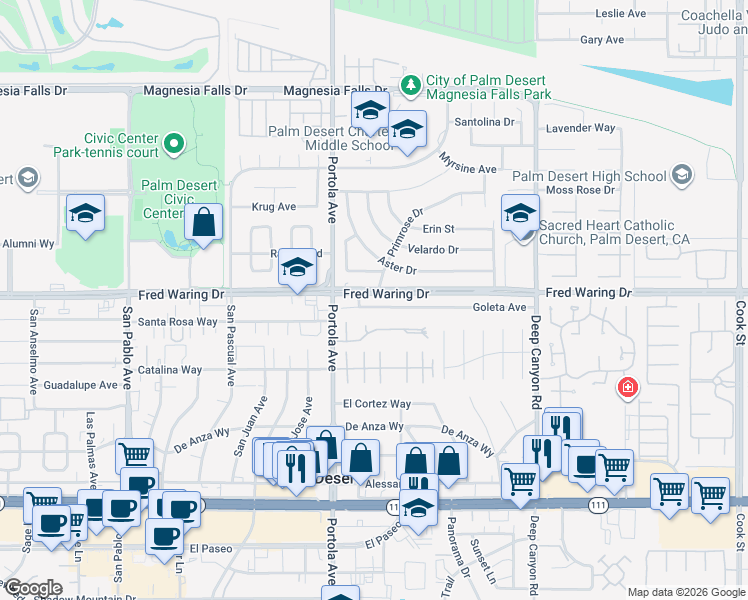 map of restaurants, bars, coffee shops, grocery stores, and more near 74096 Goleta Avenue in Palm Desert