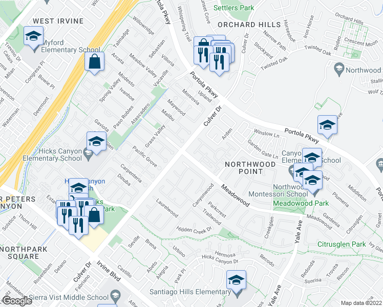 map of restaurants, bars, coffee shops, grocery stores, and more near 701 Yorkshire in Irvine