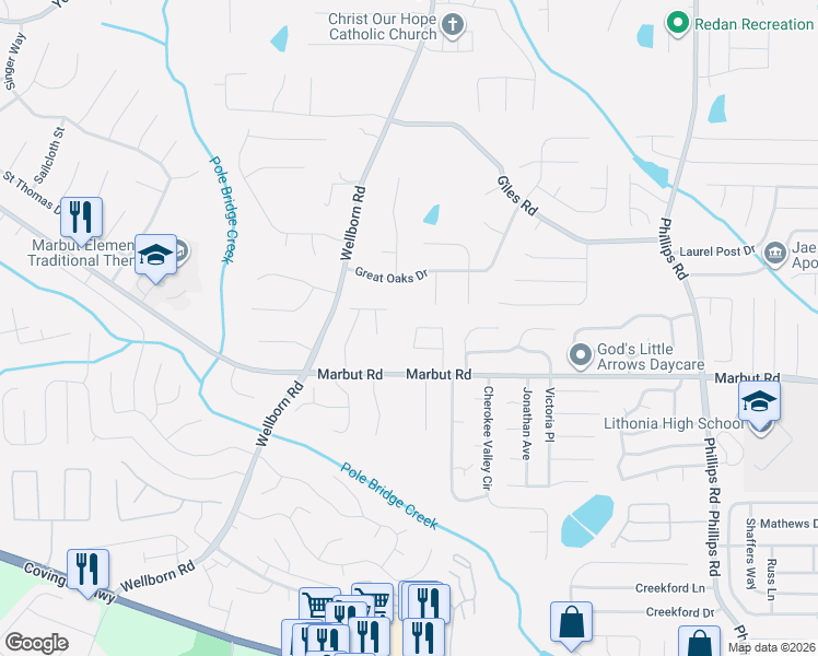 map of restaurants, bars, coffee shops, grocery stores, and more near 2046 Hilda Burns Place in Lithonia