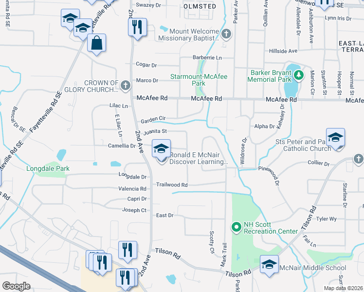 map of restaurants, bars, coffee shops, grocery stores, and more near 2112 Juanita Street in Decatur