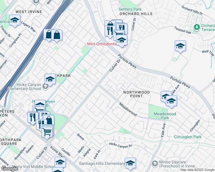 map of restaurants, bars, coffee shops, grocery stores, and more near 605 Newcastle in Irvine
