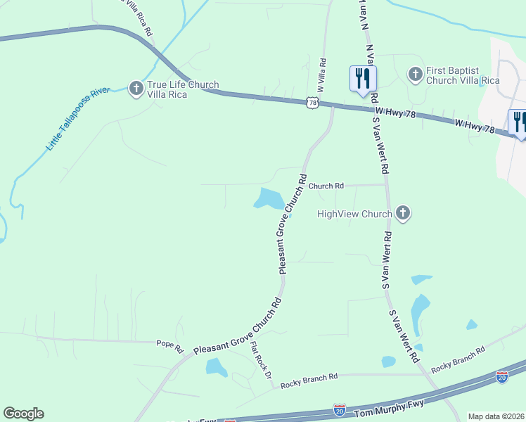 map of restaurants, bars, coffee shops, grocery stores, and more near 1109 Pleasant Grove Church Road in Villa Rica