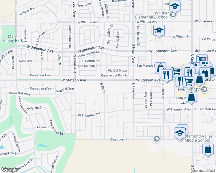 map of restaurants, bars, coffee shops, grocery stores, and more near 2 West Stetson Avenue in Hemet