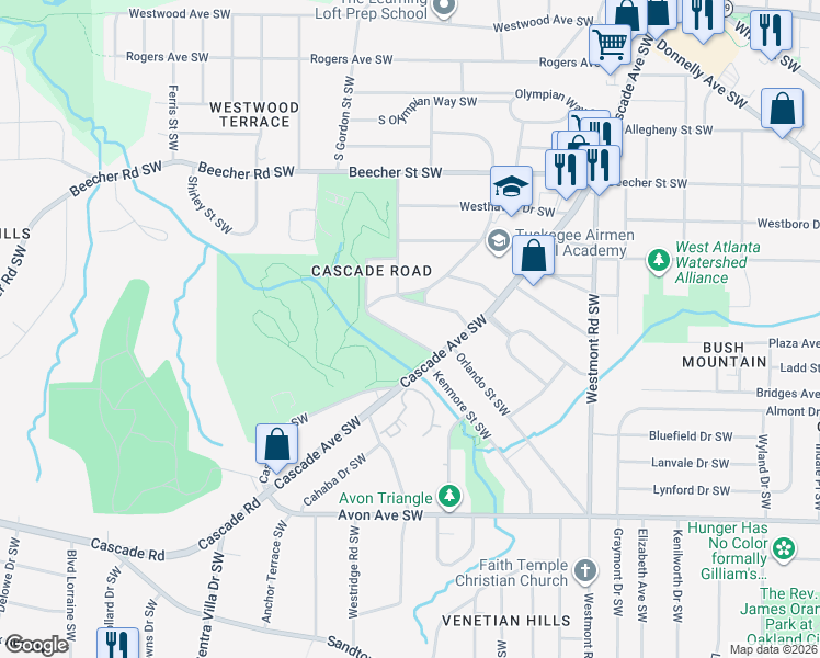 map of restaurants, bars, coffee shops, grocery stores, and more near 1714 Havilon Drive Southwest in Atlanta