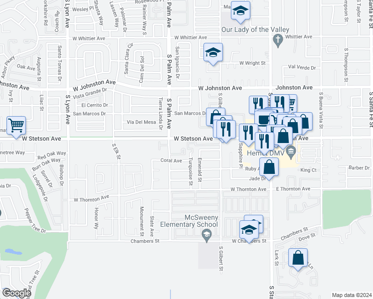 map of restaurants, bars, coffee shops, grocery stores, and more near 755 West Stetson Avenue in Hemet