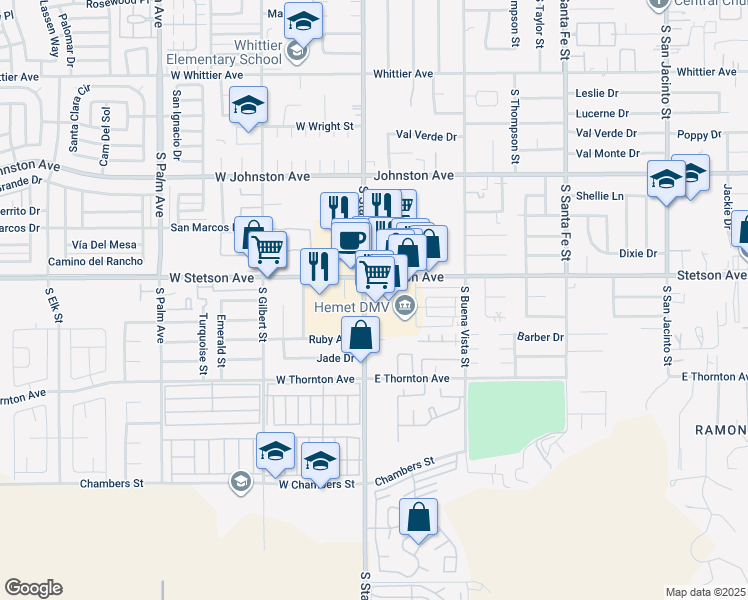 map of restaurants, bars, coffee shops, grocery stores, and more near 115 East Stetson Avenue in Hemet