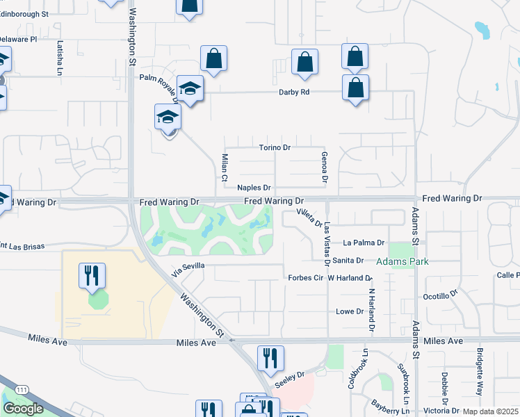 map of restaurants, bars, coffee shops, grocery stores, and more near 78565 Naples Drive in La Quinta