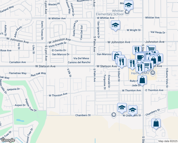 map of restaurants, bars, coffee shops, grocery stores, and more near 1027 Camino del Rancho in Hemet