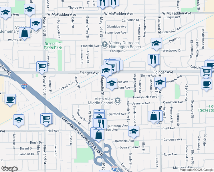 map of restaurants, bars, coffee shops, grocery stores, and more near 16101 Routt Street in Fountain Valley