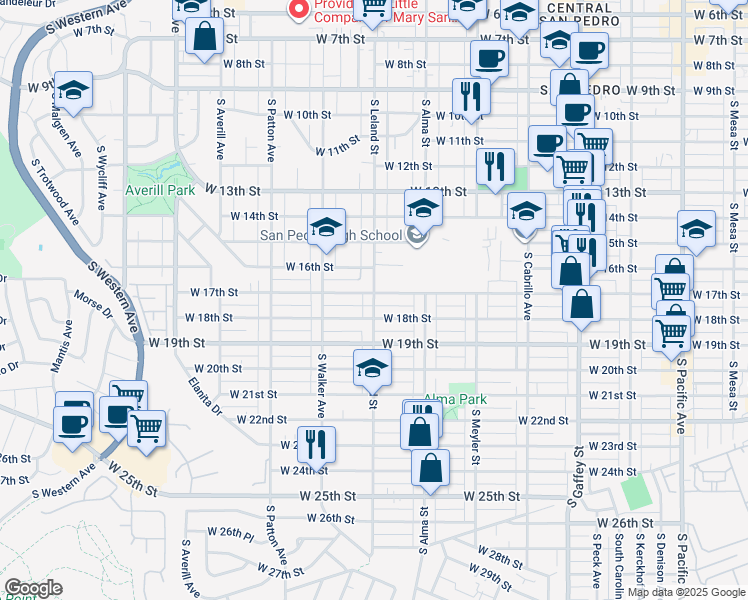 map of restaurants, bars, coffee shops, grocery stores, and more near 1061 West 17th Street in Los Angeles