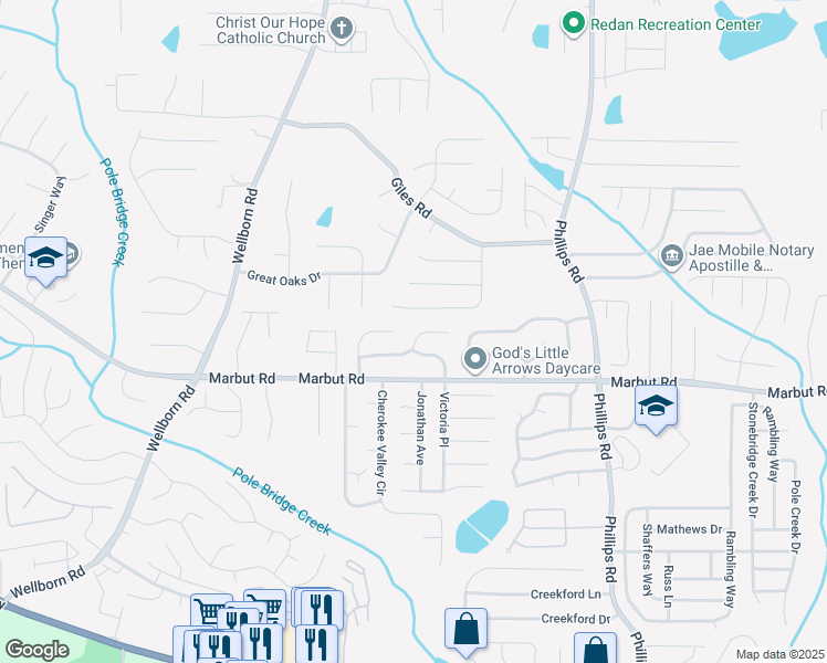 map of restaurants, bars, coffee shops, grocery stores, and more near 2116 Lown Farm Lane in Lithonia