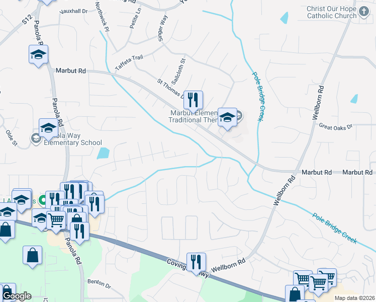 map of restaurants, bars, coffee shops, grocery stores, and more near 2468 Wellborn Creek Court in Lithonia