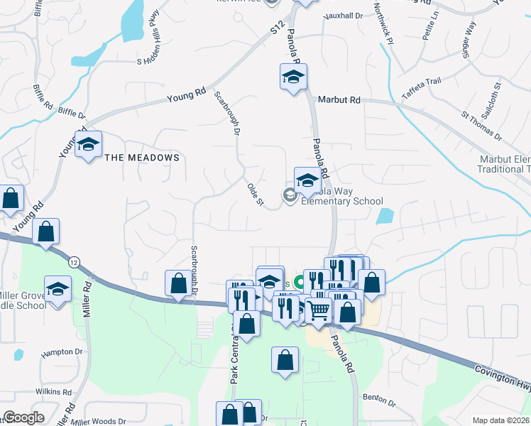 map of restaurants, bars, coffee shops, grocery stores, and more near 5369 Olde Street in Stone Mountain