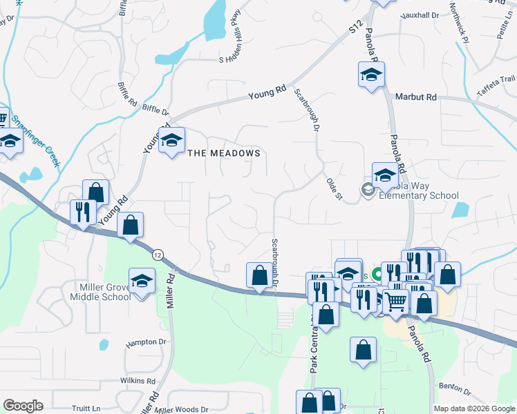 map of restaurants, bars, coffee shops, grocery stores, and more near 2050 East Scarbrough Trail in Stone Mountain