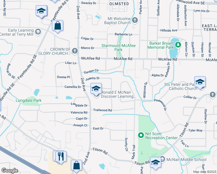 map of restaurants, bars, coffee shops, grocery stores, and more near 2123 Juanita Street in Decatur