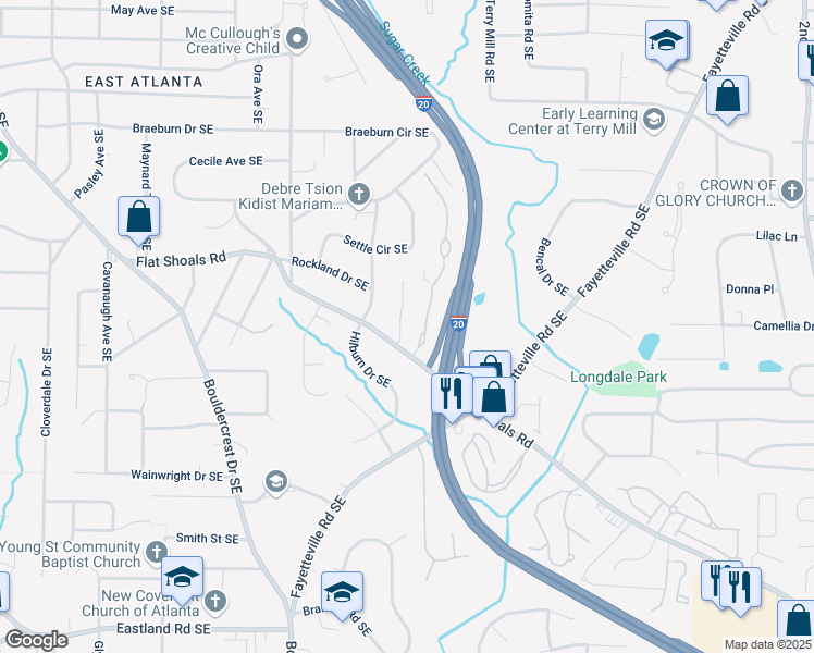 map of restaurants, bars, coffee shops, grocery stores, and more near 2124 Marshalls Lane Southeast in Atlanta