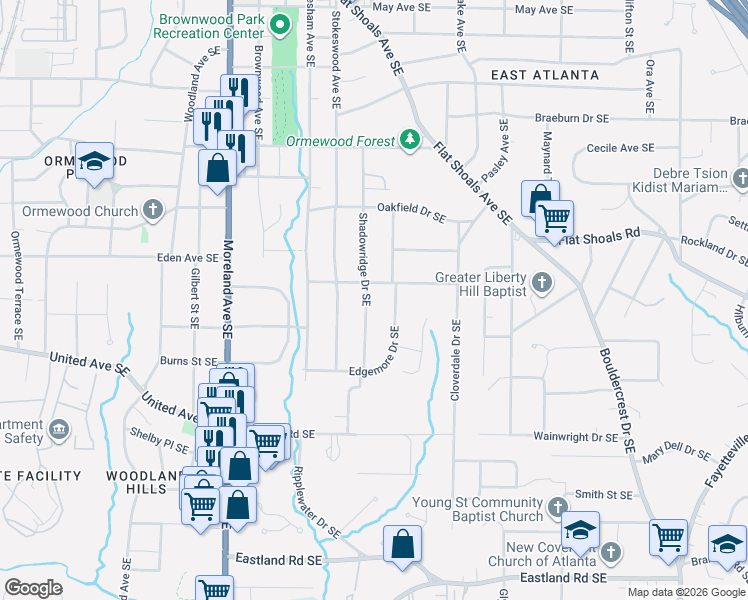 map of restaurants, bars, coffee shops, grocery stores, and more near 1137 Greenleaf Road Southeast in Atlanta