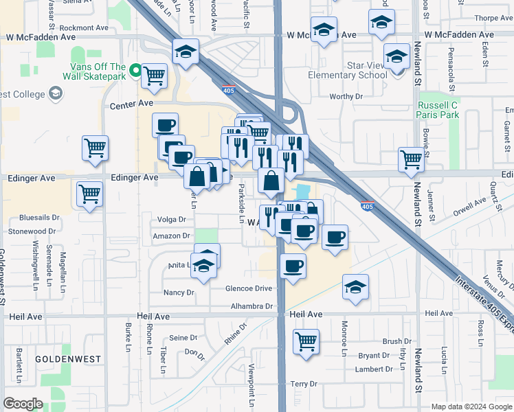 map of restaurants, bars, coffee shops, grocery stores, and more near 7922 Aldrich Drive in Huntington Beach