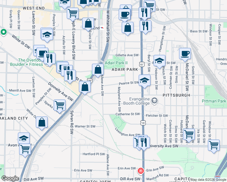 map of restaurants, bars, coffee shops, grocery stores, and more near 747 Elbert Street Southwest in Atlanta