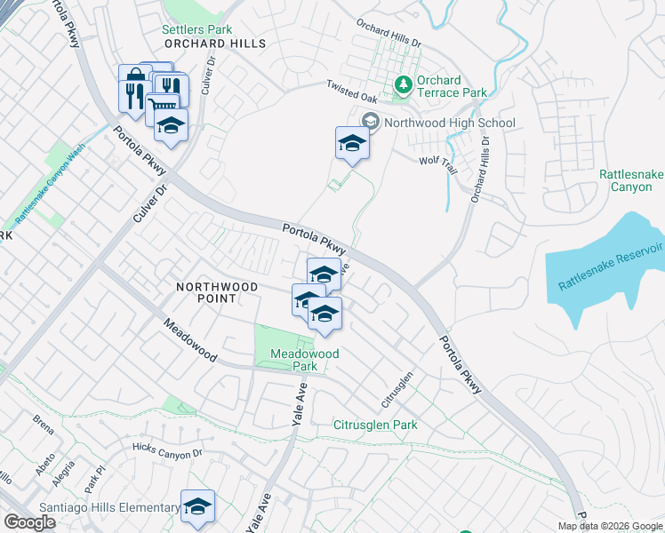 map of restaurants, bars, coffee shops, grocery stores, and more near 1100 Timberwood in Irvine