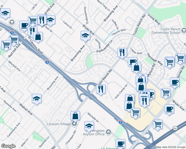 map of restaurants, bars, coffee shops, grocery stores, and more near 13800 Parkcenter Lane in Tustin