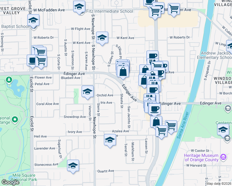 map of restaurants, bars, coffee shops, grocery stores, and more near 11671 Rosemary Avenue in Fountain Valley