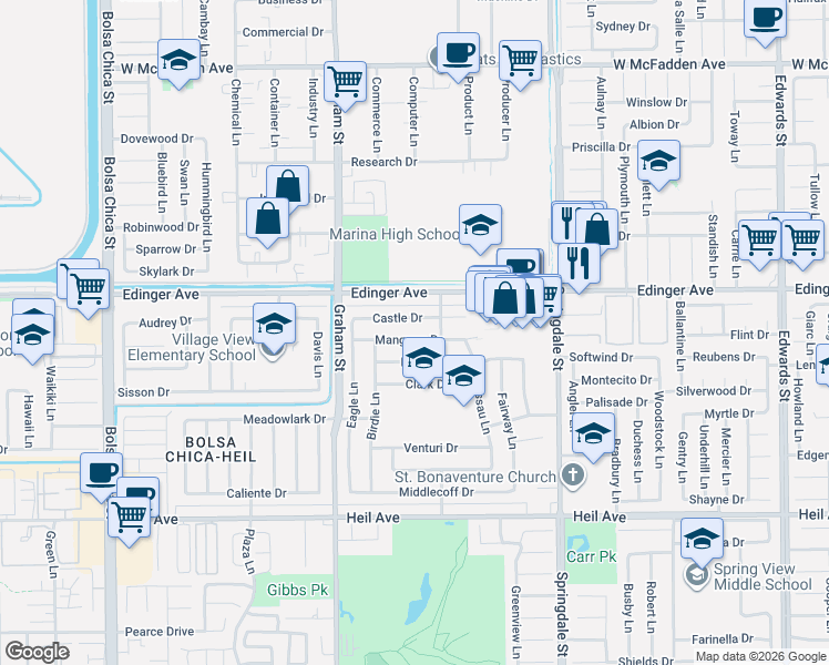 map of restaurants, bars, coffee shops, grocery stores, and more near 5702 Castle Drive in Huntington Beach